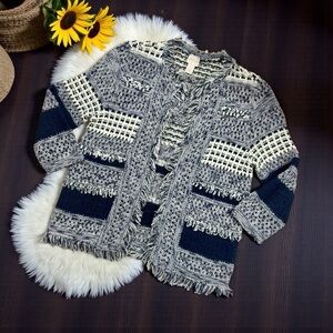 Chicos Blue White Textured Knit Fringe Boho Cottagecore Cardigan Small